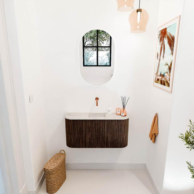 Mondiaz JOYA-DLUX 83.2cm toiletmeubel - ronding links en rechts kleur Walnut - Wastafel FAYE positie Midden Zonder kraangat kleur Ostra.