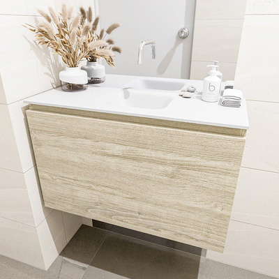 Mondiaz OLAN Meuble lave-mains 80x30x40cm sans trous de robinet 1 tiroir Light brown grey mat avec lavabo LEX Centre Solid Surface Blanc