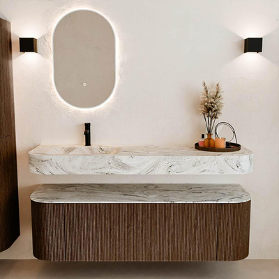 MONDIAZ THOR-DLUX 150cm meuble de salle de bains arrondi gauche + droite couleur Walnut avec 1 tiroir et 2 portes. Vasque suspendue CLOUD Gauche 1 trou de robinet couleur Glace.