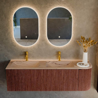 MONDIAZ KURVE-DLUX Meuble de salle de bains 145cm arrondi à droite couleur Ruby avec 1 tiroir et 1 porte. Lavabo LEAF Double / Gauche 2 trous de robinet Arena.