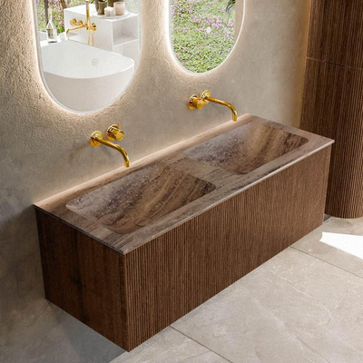 MONDIAZ KURVE-DLUX 120cm badmeubel kleur Walnut met 1 lade en 0 deuren. Wastafel LEAF Dubbel zonder kraangat Oza.