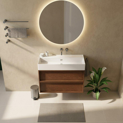Saniclass Holz Frame Ensemble meuble de salle de bains - 100x45x72cm - lavabo en céramique Legend blanc mat - 1 vasque - sans trou de robinetterie - 2 tiroirs - walnut pure mat (bois)