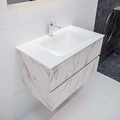 MONDIAZ VICA Badkamermeubelset - 80cm - 2 lades - wasbak Cloud midden - 1 kraangat - solid surface carrara marmer