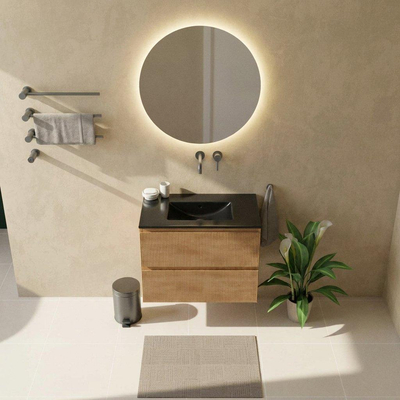 Saniclass Holz Atelier Ensemble meuble de salle de bains - 80x45x62cm - Vasque Vygo en céramique noire - 1 vasque - sans trou de robinetterie - 2 tiroirs - chêne naturel mat (bois)