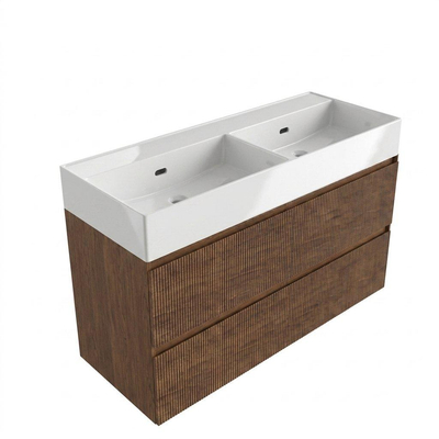 Saniclass Holz Atelier Ensemble meuble de salle de bains - 120x45x72cm - lavabo Legend en céramique blanc - 2 vasques - sans trous de robinetterie - 2 tiroirs - mat walnut pure (bois)