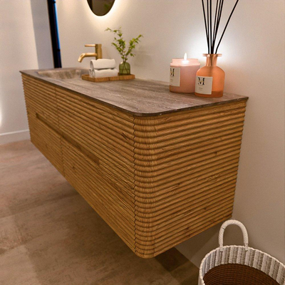 Mondiaz CIRO-DLUX Meuble de salle de bains - 150x45x50cm - Plan vasque solid surface Oza - 1 vasque à gauche - 1 trou de robinet - 4 tiroirs - Chêne