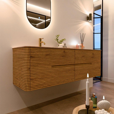 Mondiaz CIRO-DLUX Badkamermeubelset - 160x45x50cm - Solid surface wastafel Saba - 1 wasbak Links - 1 kraangat - 4 lades - Oak