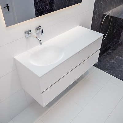 MONDIAZ VICA Ensemble de meuble salle de bain - 120cm - 2 tiroirs - lavabo Moon gauche - 0 trous de robinet - solid surface talc