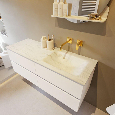 Mondiaz VICA-DLUX ensemble de meuble de salle de bain - 130cm - meuble sous-vasque talc - 4 tiroirs - lavabo encastrée cloud droite - sans trous de robinet - version haute de 60cm - opalo