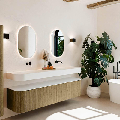 MONDIAZ THOR 190cm meuble de salle de bains arrondi gauche + droite couleur Dusk avec 2 tiroirs et 2 portes. Vasque suspendue CLOUD Double sans trou de robinet couleur Talc.