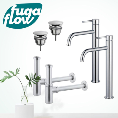 FugaFlow Eccelente Sobrado Slim Kit robinet lavabo - pour double vasque - robinet rehaussé - bonde non-obturable - siphon design - Chrome brillant