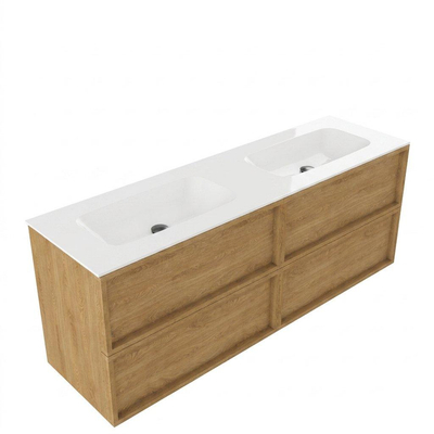 Saniclass Holz Frame Ensemble de meubles de salle de bains - 160x45x61.5cm - Flow lavabo en solid surface blanc - 2 vasques - sans trous de robinetterie - 4 tiroirs - chêne natural mat (bois)