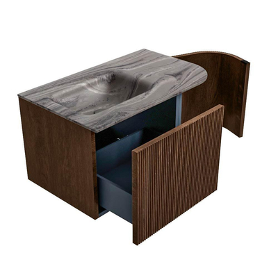 MONDIAZ KURVE-DLUX Meuble de salle de bains 75cm arrondi à droite couleur Walnut avec 1 tiroir et 1 porte. Lavabo GRUNNE à gauche 1 trou de robinet Sombra.