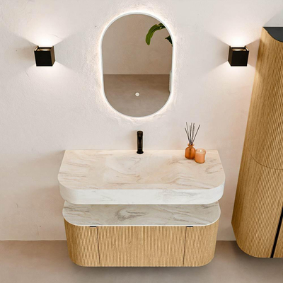 MONDIAZ THOR-DLUX 110cm badmeubel ronding links + rechts kleur Oak met 1 lade en 2 deuren. Vrijhangende wastafel CLOUD Midden 1 kraangat kleur Ostra.