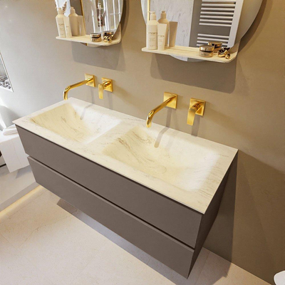 Mondiaz VICA-DLUX ensemble de meuble de salle de bain - 120cm - meuble sous-vasque fumée - 2 tiroirs - lavabo encastré nuage double - sans trous de robinet - version haute 60cm - opalo