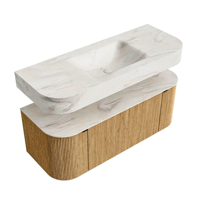 MONDIAZ THOR-DLUX 120cm badmeubel ronding links + rechts kleur Oak met 1 lade en 2 deuren. Vrijhangende wastafel CLOUD Midden zonder kraangat kleur Ostra.