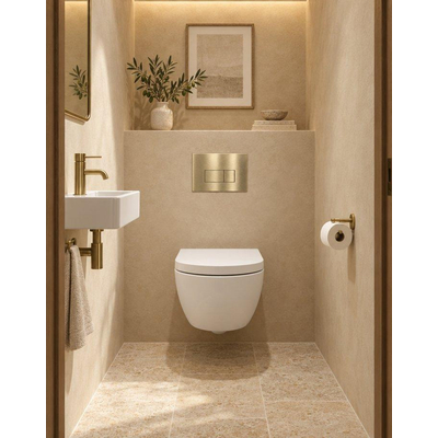 QeramiQ Dely Swirl Ensemble WC Compact - réservoir encastré QeramiQ flush - abattant 25 mm - plaque de commande métallique laiton brossé (or) - boutons rectangulaires - blanc mat