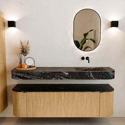 MONDIAZ THOR-DLUX 160cm meuble de salle de bains arrondi gauche + droite couleur Oak avec 1 tiroir et 2 portes. Vasque suspendue CLOUD Droite sans trou de robinet couleur Lava.