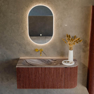 MONDIAZ KURVE-DLUX Meuble de salle de bains 105cm arrondi à droite couleur Ruby avec 1 tiroir et 1 porte. Lavabo BIG SMALL à gauche sans trou de robinet Sombra.