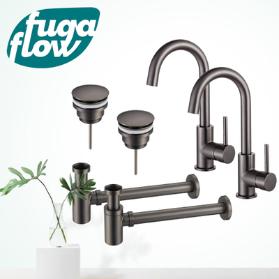 FugaFlow Eccelente Sobrado Badkamer Wastafelkraanset - voor dubbele wastafel - hoge wastafelkraan - draaibare uitloop - klikwaste plug - verlaagde design sifon - PVD Gepolijst Gunmetal -
