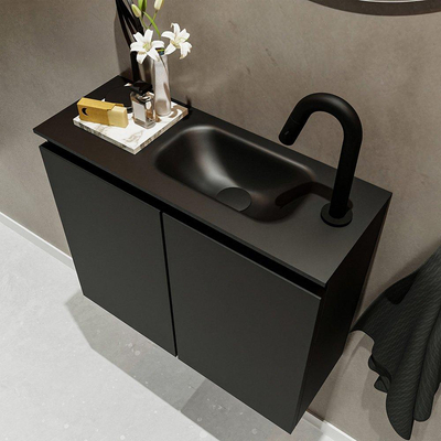 MONDIAZ TURE Fonteinset - 60x23x50cm - 1 kraangat - 2 deuren - urban mat - Wasbak rechts - Solid Surface Zwart