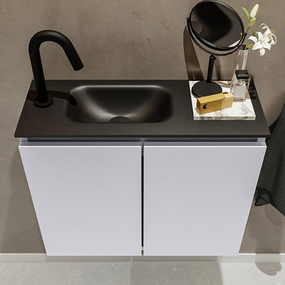 MONDIAZ TURE Toiletmeubel 60x23x50cm met 1 kraangaten 2 deuren cale mat Wastafel Eden links Solid Surface Zwart