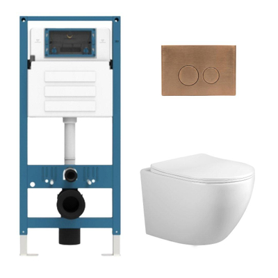 Adema Salina 2.0 Toiletset - 48.5x36x32cm - diepspoel - spoelrandloos - QeramiQ inbouwreservoir - softclose - quickrelease - toiletzitting - koperen metalen bedieningsplaat - ronde knoppen - wit
