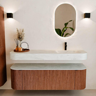 MONDIAZ THOR-DLUX 150cm meuble de salle de bains arrondi gauche + droite couleur Ruby avec 1 tiroir et 2 portes. Vasque suspendue CLOUD Droite 1 trou de robinet couleur Opalo.