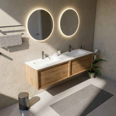 Saniclass Holz Frame Ensemble meuble de salle de bains - 160x45x41.5cm - Flow lavabo en solid surface blanc - 2 vasques - 2 trous de robinetterie - 2 tiroirs - chêne natural mat (bois)