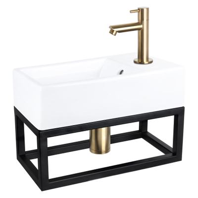 Differnz Force kit lave-mains - 40x22x11.5cm - Rectangulaire - 1 trou de robinet - Robinet droit en or mat - avec cadre noir - Céramique blanche