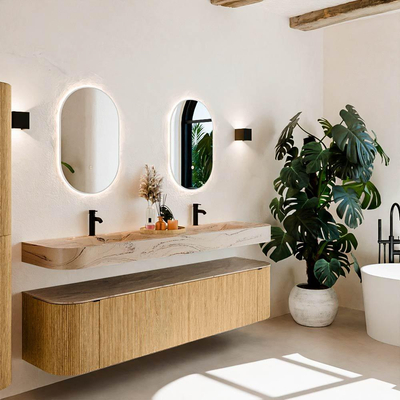 MONDIAZ THOR-DLUX 190cm meuble de salle de bains arrondi gauche + droite couleur Oak avec 2 tiroirs et 2 portes. Vasque suspendue CLOUD Double 2 trous de robinet couleur Arena.