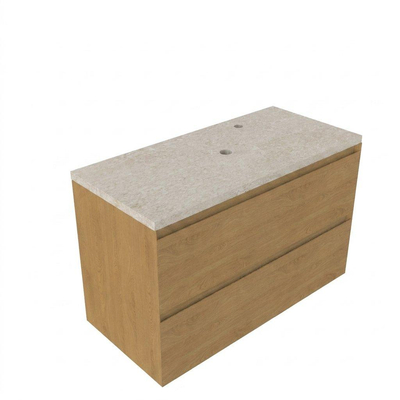 Saniclass Holz Pure Ensemble meuble de salle de bains - 100x45x63cm - Plan de travail en pierre naturelle travertin - 1 trou de robinetterie - 2 tiroirs - chêne natural mat (bois)