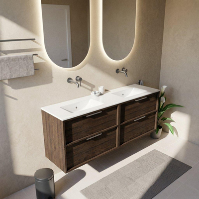 Saniclass Holz Frame Ensemble meuble de salle de bains - 160x45x62cm - lavabo Vygo en céramique blanc - 2 vasques - sans trous de robinetterie - 4 tiroirs - chêne charcoal mat (bois)