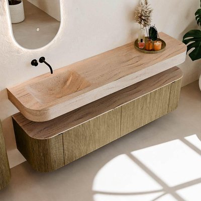 MONDIAZ THOR-DLUX Meuble de salle de bains 180cm arrondi gauche + droite couleur Dusk avec 2 tiroirs et 2 portes. Vasque suspendue CLOUD Gauche sans trou de robinet couleur Saba.