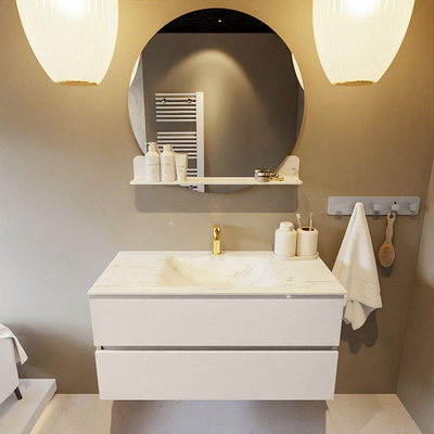 Mondiaz VICA-DLUX Ensemble de meuble de salle de bain - 100cm - meuble sous-vasque lin - 2 tiroirs - lavabo encastré nuage milieu - 1 trou de robinet - miroir modèle spot - version XL 60cm haut - opalo