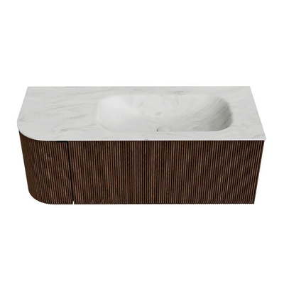 MONDIAZ KURVE-DLUX Meuble de salle de bains 115 cm avec module 25 L couleur Walnut avec 1 tiroir et 1 porte. Lavabo BIG SMALL à droite 1 trou de robinet couleur Opalo.