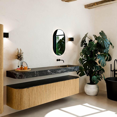 MONDIAZ THOR-DLUX Meuble de salle de bains 190cm arrondi gauche + droite couleur Oak avec 2 tiroirs et 2 portes. Vasque suspendue CLOUD Droite sans trou de robinet couleur Lava.