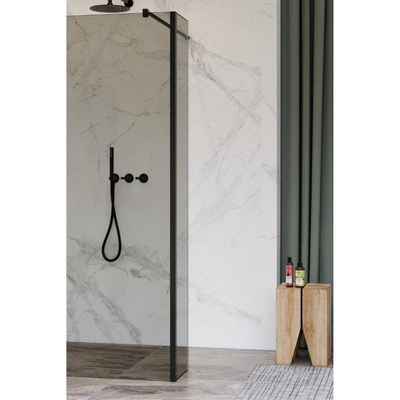 FugaFlow Eccelente Vetro zijwand - 40x200cm - rookglas - 8mm - met hoekprofiel - mat zwart -