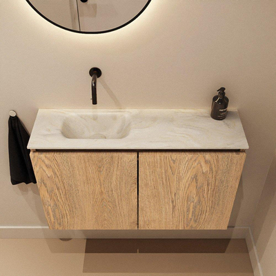 MONDIAZ TURE-DLUX Meuble toilette - 80cm - Washed Oak - EDEN - vasque Ostra - position gauche - sans trou de robinet