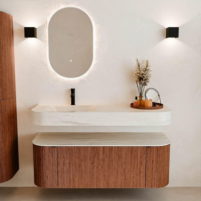 MONDIAZ THOR-DLUX 130cm meuble de salle de bains arrondi gauche + droite couleur Ruby avec 1 tiroir et 2 portes. Vasque suspendue CLOUD Gauche 1 trou de robinet couleur Meli.