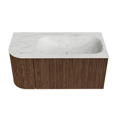 MONDIAZ KURVE-DLUX 95cm Meuble salle de bain avec module 25 G - couleur Walnut - 1 tiroir - 1 porte - vasque BIG SMALL droite - 1 trou de robinet - couleur Opalo