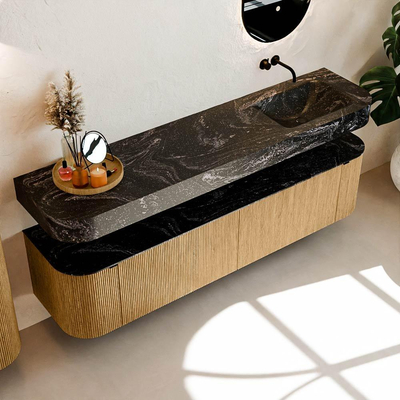 MONDIAZ THOR-DLUX Meuble de salle de bains 190cm arrondi gauche + droite couleur Oak avec 2 tiroirs et 2 portes. Vasque suspendue CLOUD Droite sans trou de robinet couleur Lava.