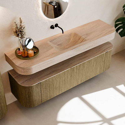 MONDIAZ THOR-DLUX Meuble de salle de bains - 170cm - arrondi gauche + droite - couleur Dusk - 1 tiroir - 2 portes - Vasque suspendue CLOUD Centre sans trou de robinet - couleur Saba