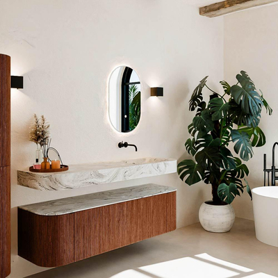 MONDIAZ THOR-DLUX 160cm meuble de salle de bains arrondi gauche + droite couleur Ruby avec 1 tiroir et 2 portes. Vasque suspendue CLOUD Droite sans trou de robinet couleur Glace.