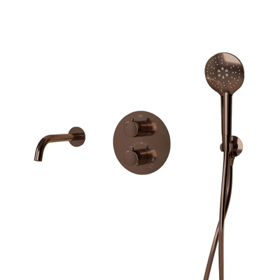 Fortifura Calvi Badkraan set - uitloop - 22cm inkortbaar - rond bedieningspaneel - gladde slang - ronde handdouche - inbouwdeel - wandhouder - PVD - geborsteld koper