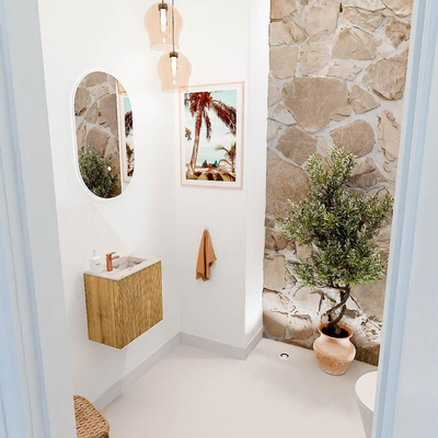 Mondiaz JOYA-DLUX 40cm toiletmeubel - kleur Oak - Wastafel FAYE positie Rechts 1 kraangat kleur Nata.