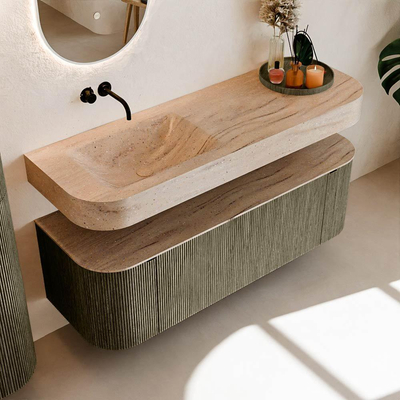 MONDIAZ THOR-DLUX 140cm meuble de salle de bains arrondi gauche + droite couleur Shadow avec 1 tiroir et 2 portes. Vasque suspendue CLOUD gauche sans trou de robinet couleur Saba.