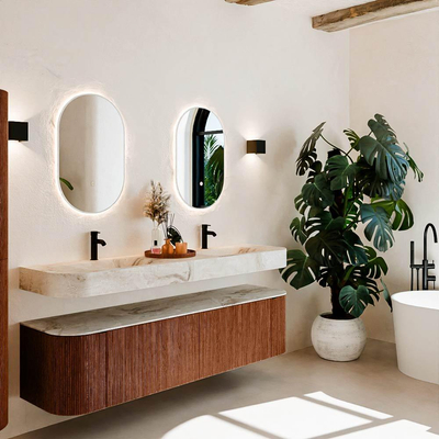 MONDIAZ THOR-DLUX 180cm meuble de salle de bains arrondi gauche + droite couleur Ruby avec 2 tiroirs et 2 portes. Vasque suspendue CLOUD Double 2 trous de robinet couleur Frappe.