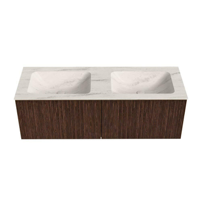 MONDIAZ KURVE-DLUX 130cm badmeubel kleur Walnut met 2 lades en 0 deuren. Wastafel LEAF Dubbel zonder kraangat Meli.