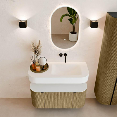 MONDIAZ THOR Meuble de salle de bains 100cm arrondi gauche + droite couleur Dusk avec 1 tiroir et 2 portes. Vasque suspendue CLOUD Droite sans trou de robinet couleur Talc.